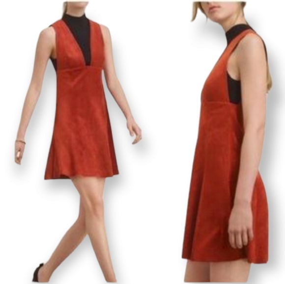 Aritzia Wilfred Montbrun Faux Suede Mini A-Line Dress w Plunging Neck Size 6 - Picture 1 of 16